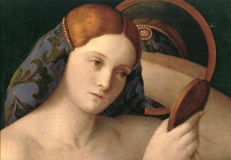Pintura de mujer mirándose en el espejo.